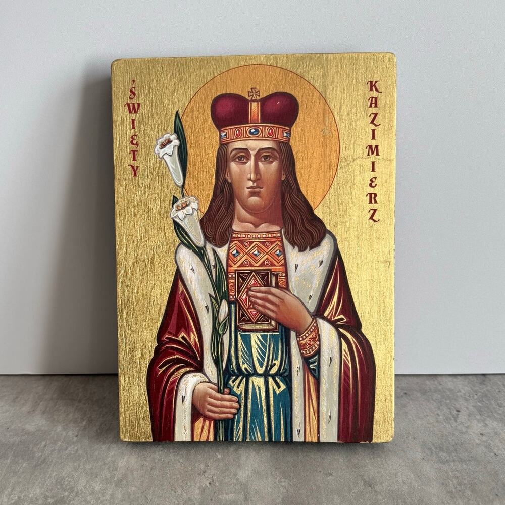 Saint Casimir Handmade Wooden Plaque Religious Icon Gold Leaf Poland Lithuania